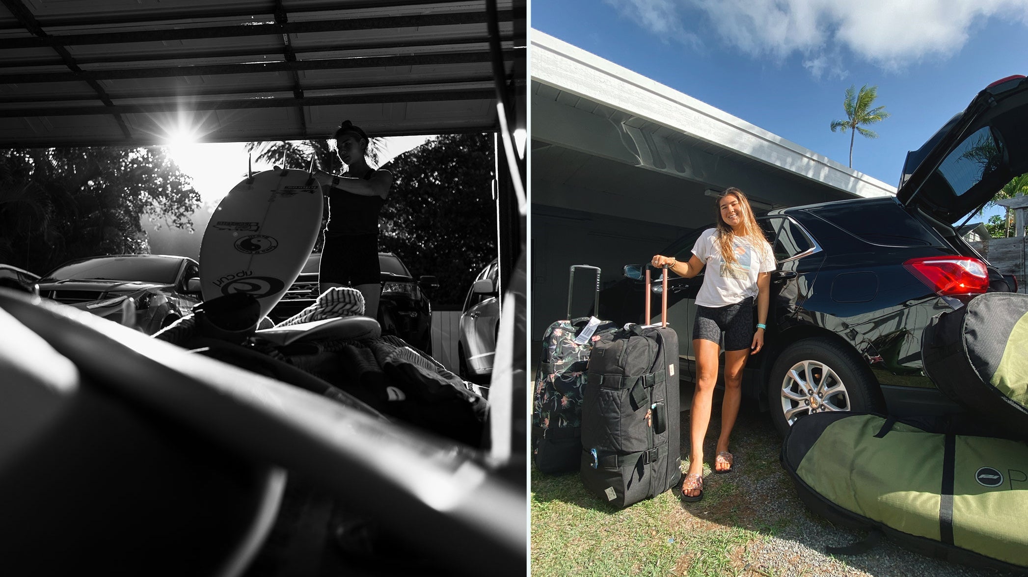 Brisa Hennessy traveling with the finless coffin travel bags.