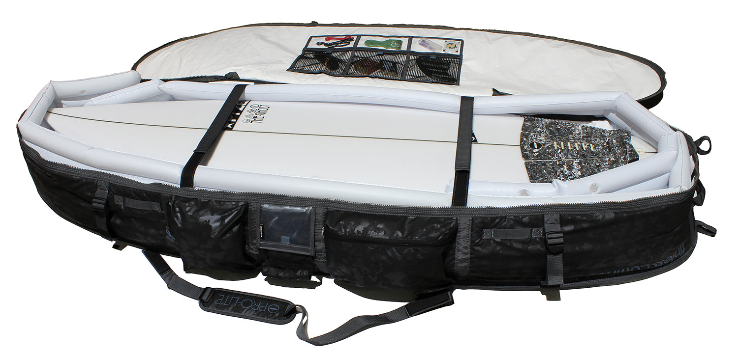 Inflatable padding inside the armored coffin surfboard travel bag.