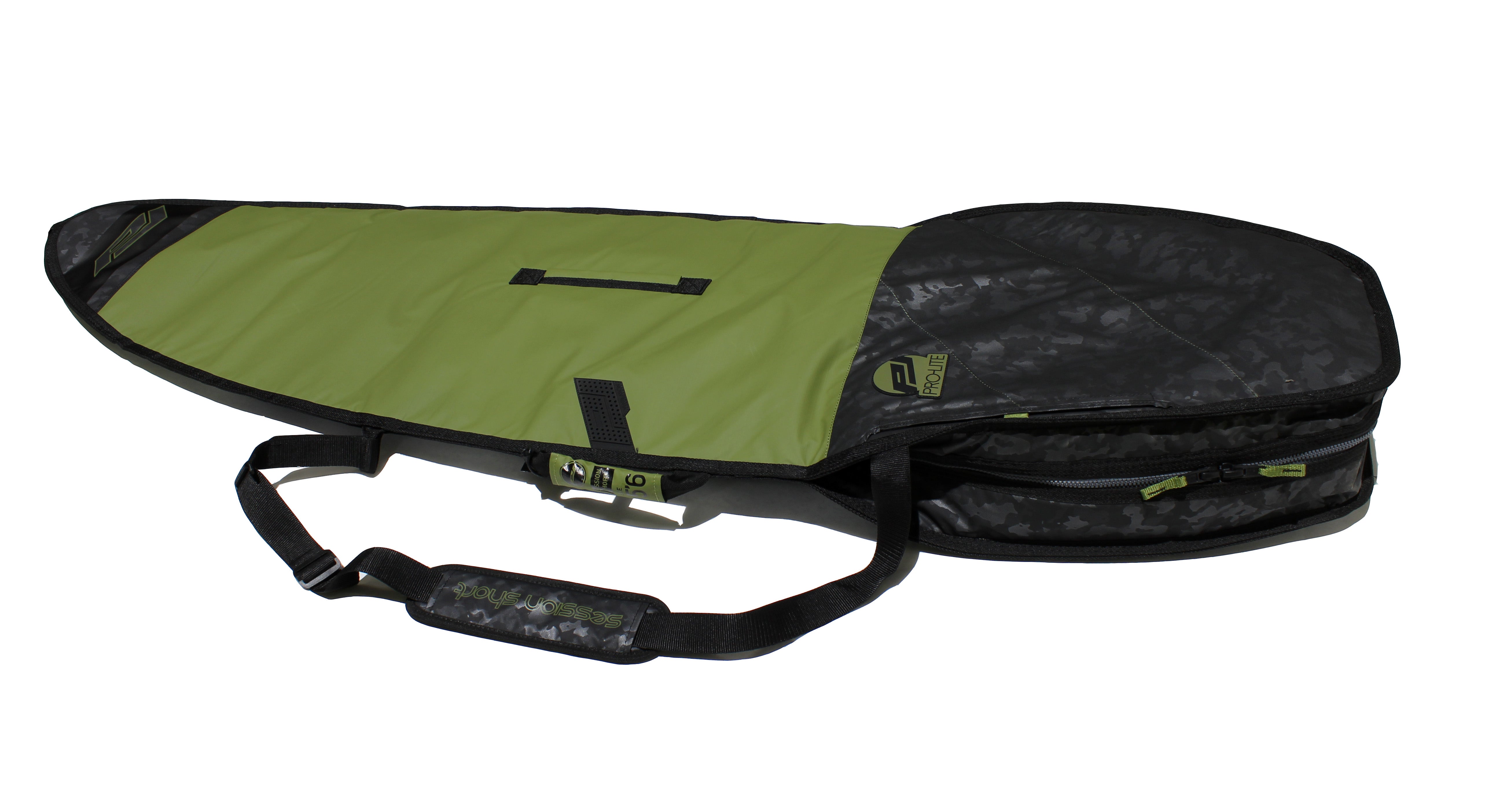 session shortboard day bag tail fin gusset and molded zipper