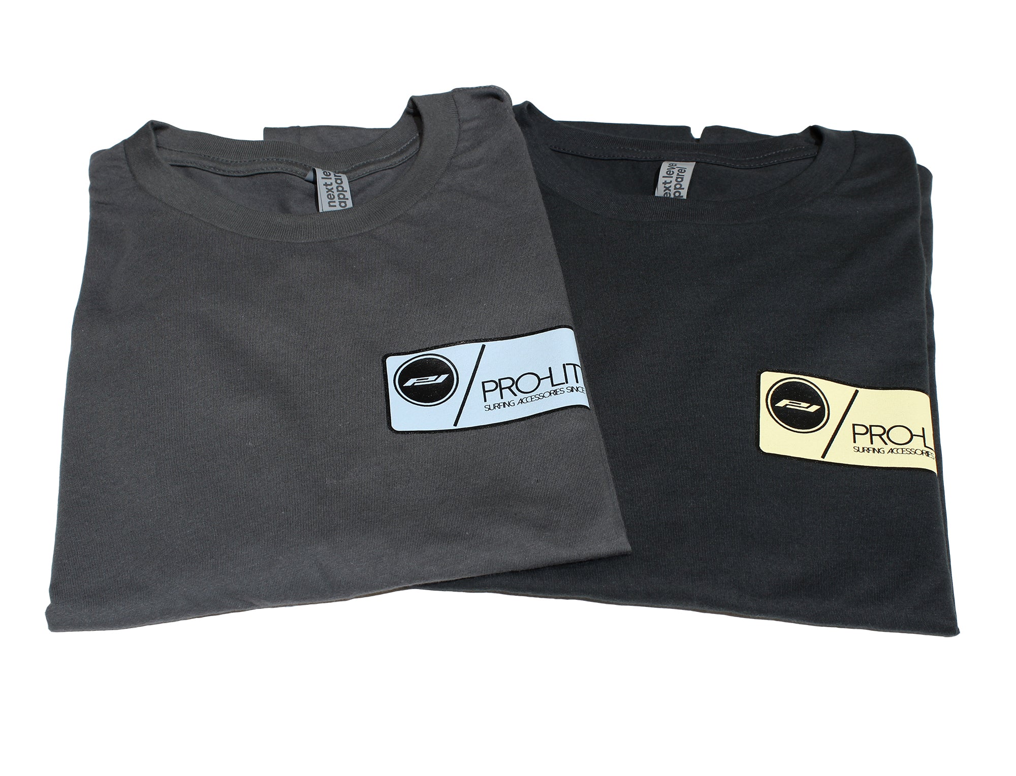 Two folded prolite surf t-shirts with logos on a white background