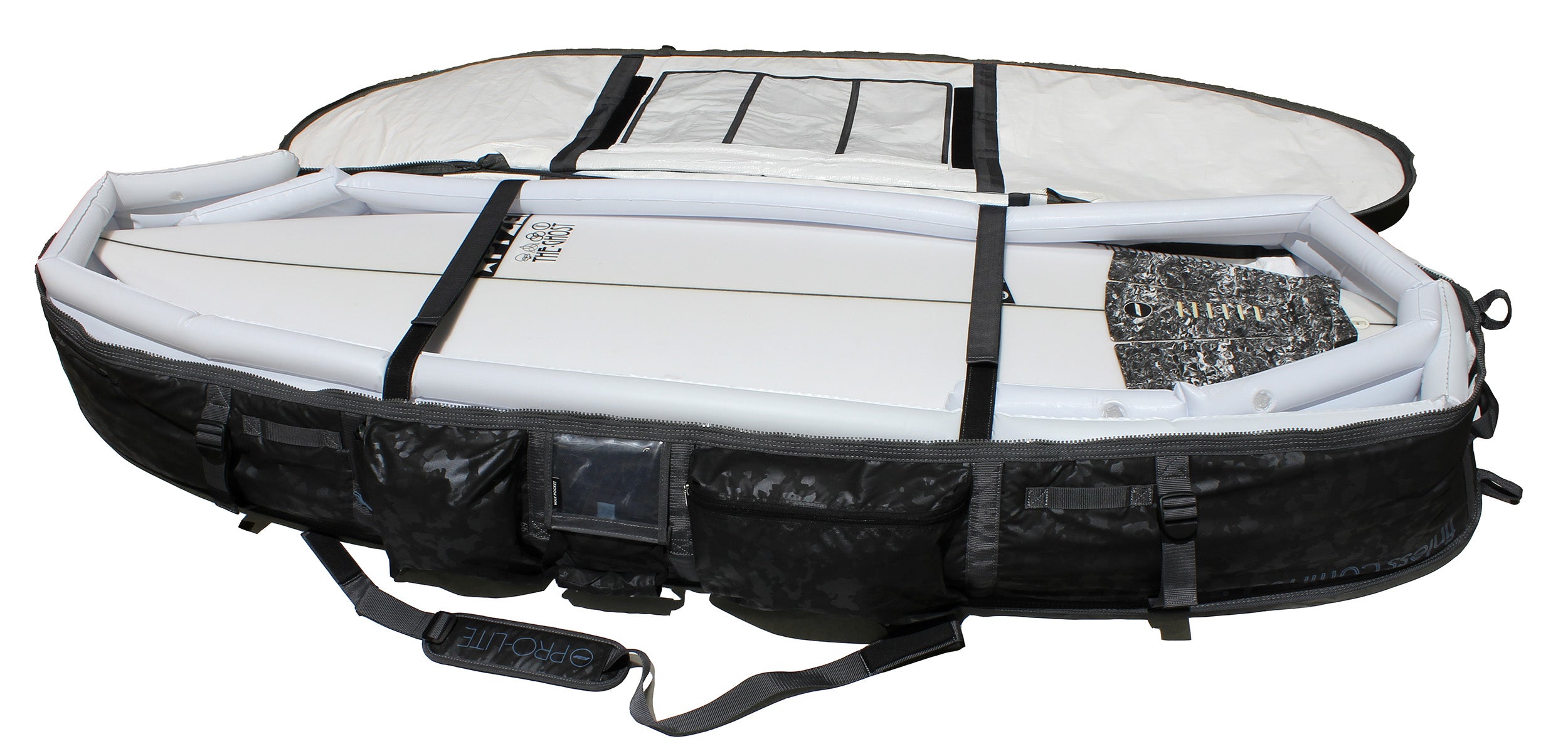 Inflatable padding inside the armored coffin surfboard travel bag. 