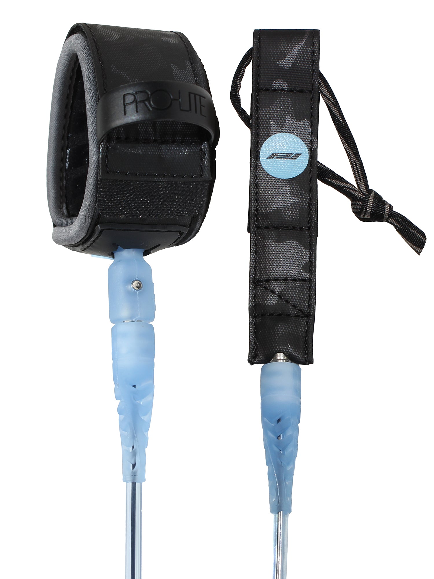 pro-lite 5'5 foot comp surfboard leash clear blue