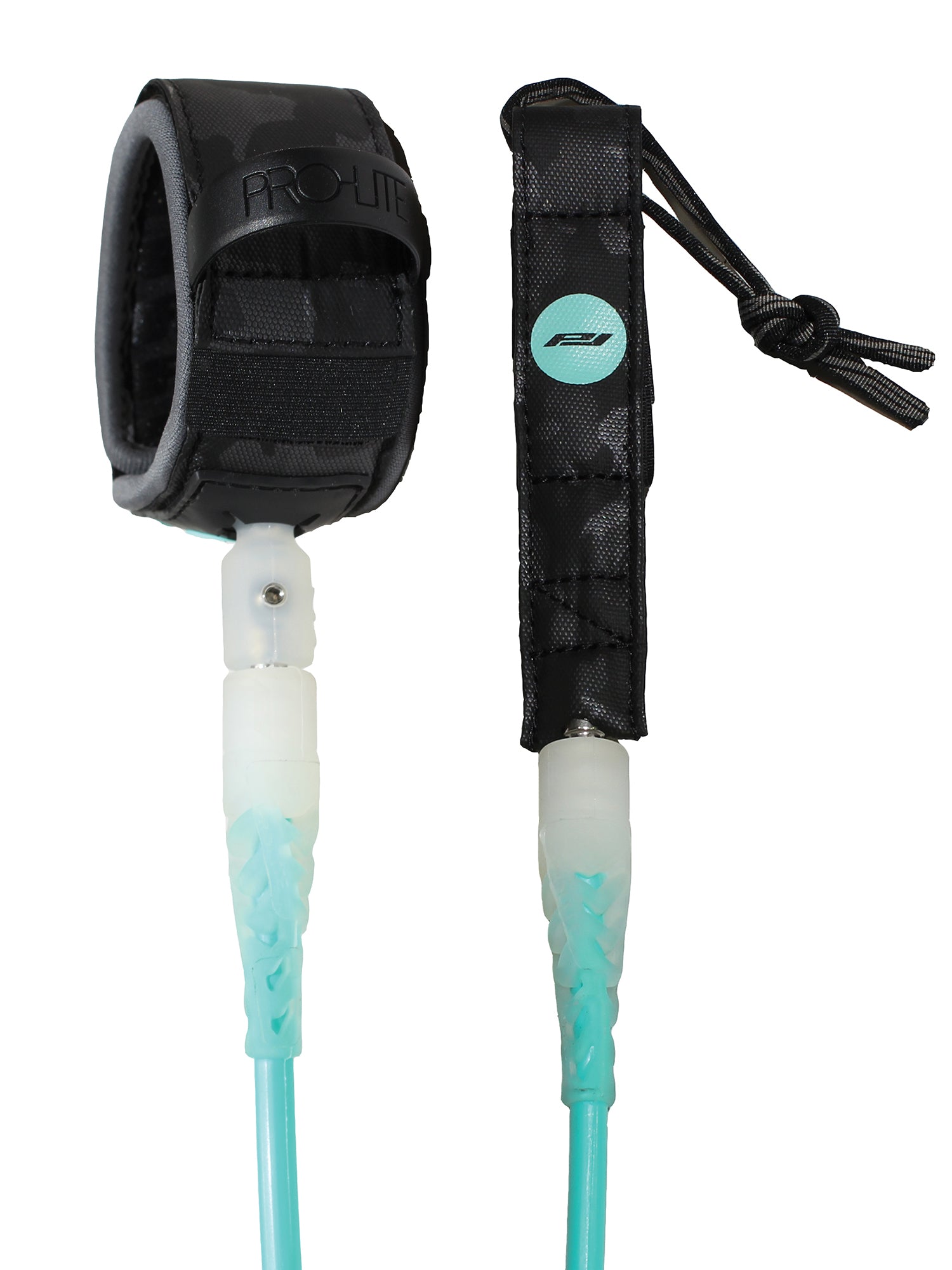 9'0 pro-lite surfboard leash-teal with black ankle cuff.