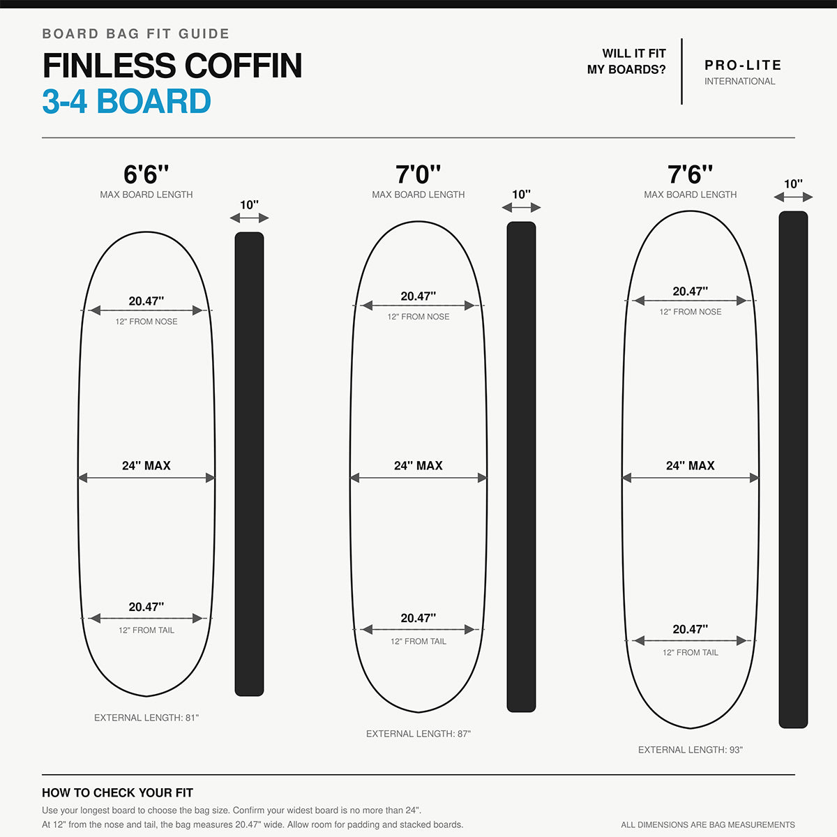 Pro-Lite finless coffin 3-4 surfboard travel bag size specs.
