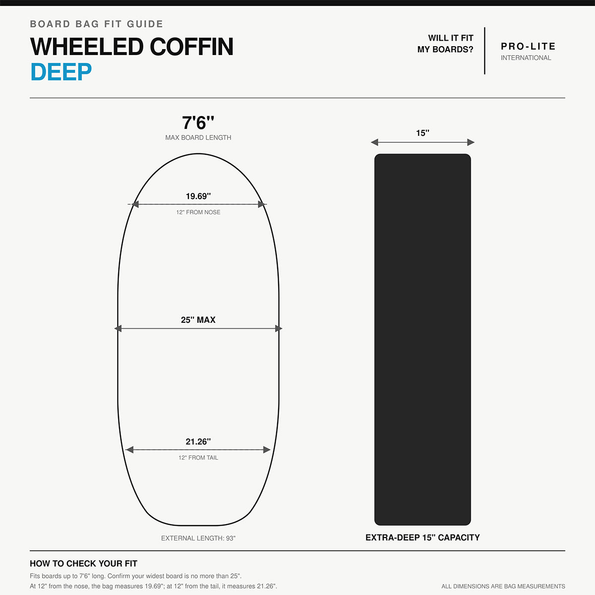 Pro-Lite wheeled coffin deep surfboard travel bag 5-7 surfboards deep.