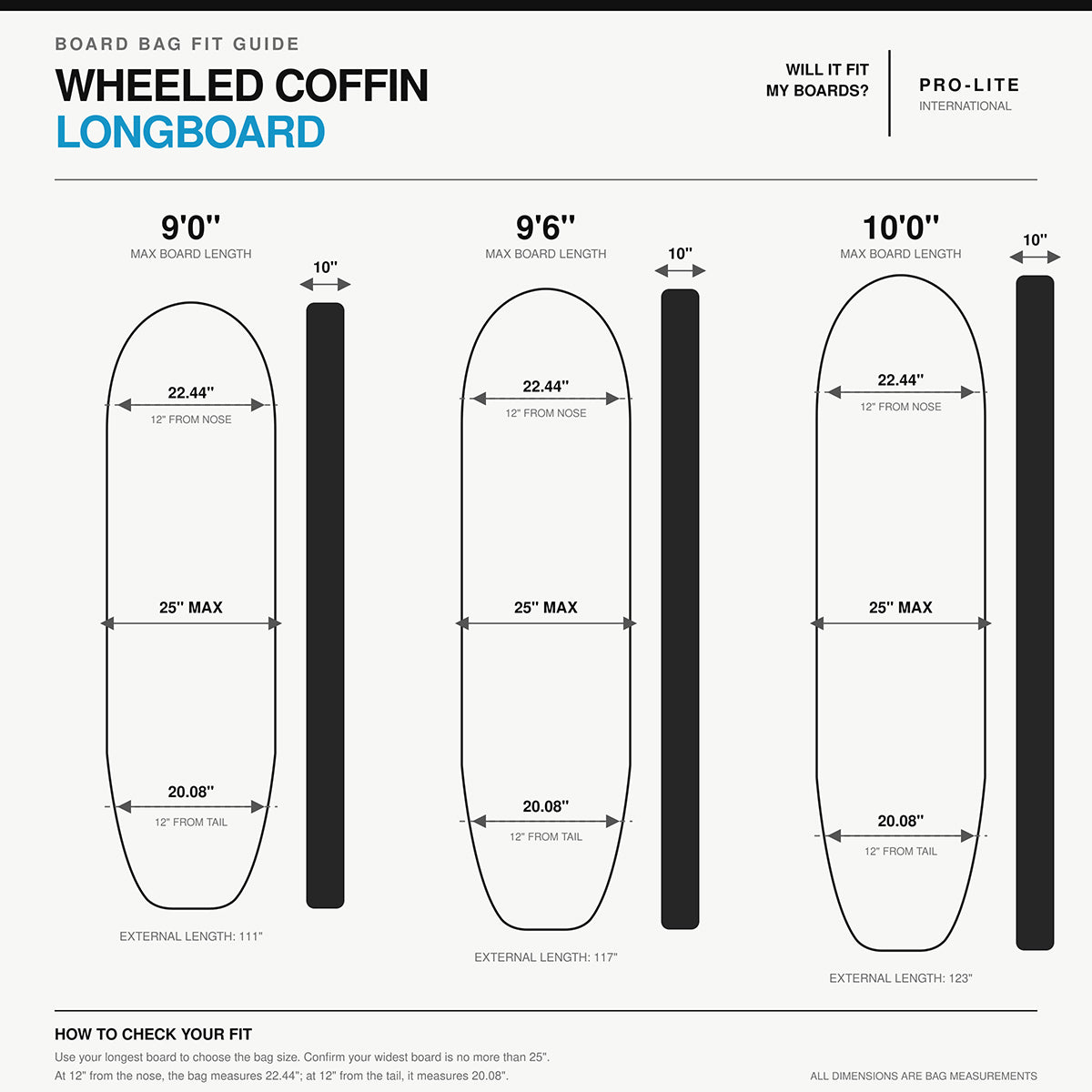 Pro-Lite wheeled coffin 3-4 longboard surfboard travel bag size specs.