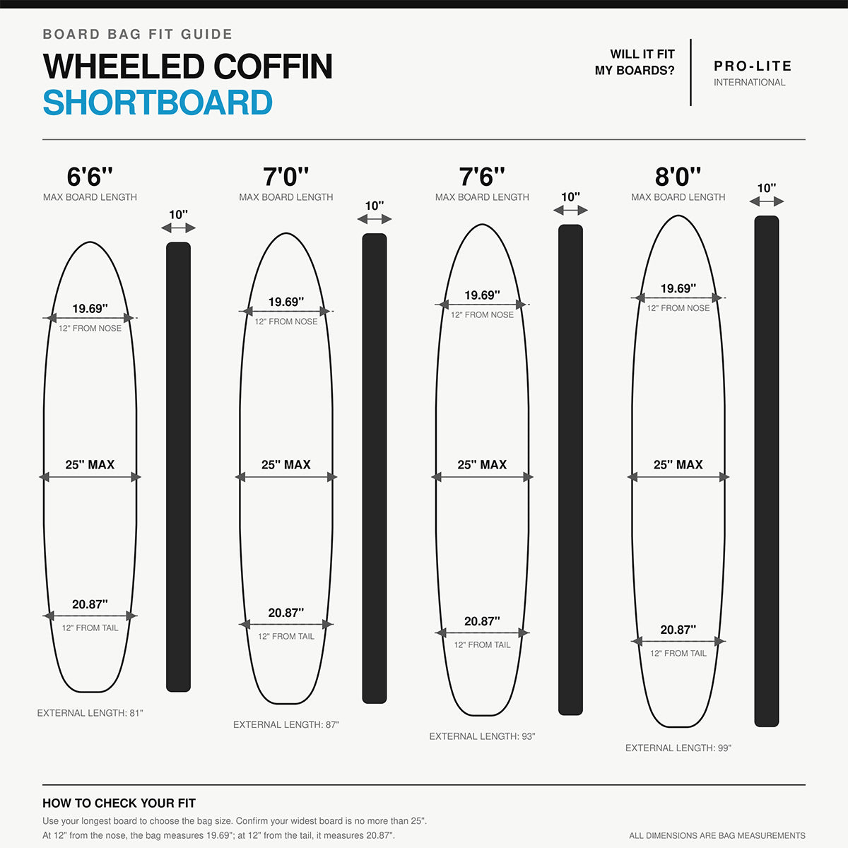 Pro-Lite wheeled coffin 3-4 surfboard travel bag size specs.