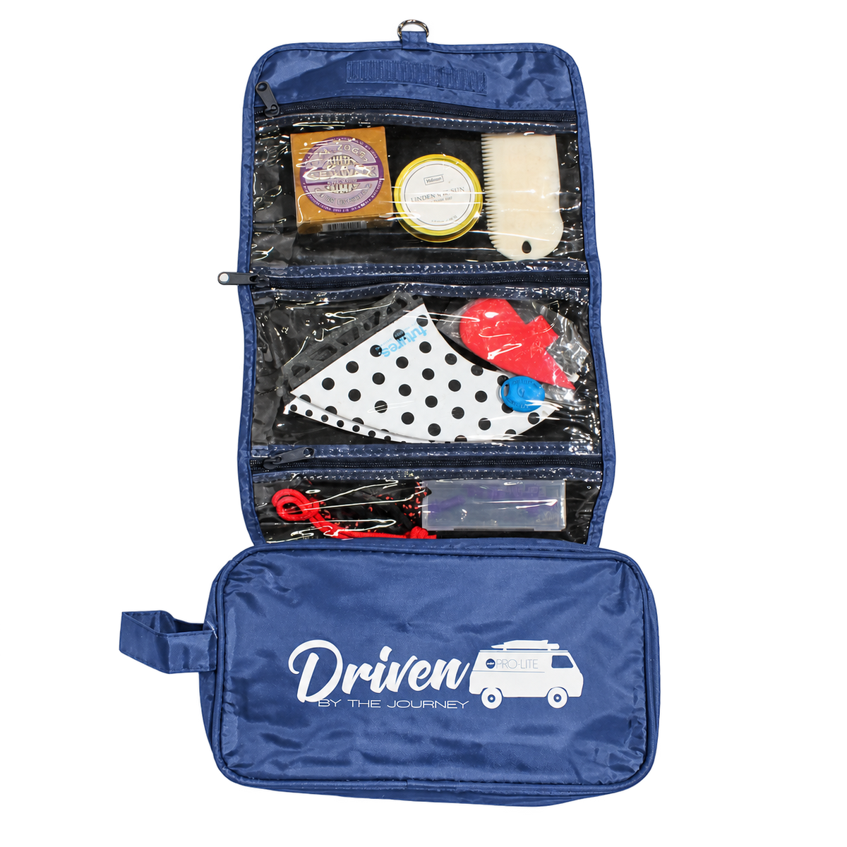 navy blue surf travel accessory pack with windowed storege compartments