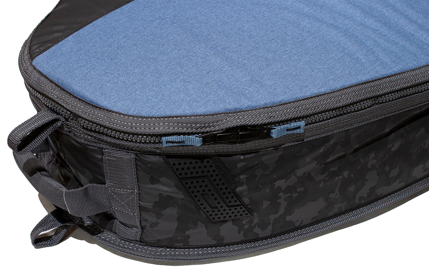 Ventilation point on armored coffin travel bag.