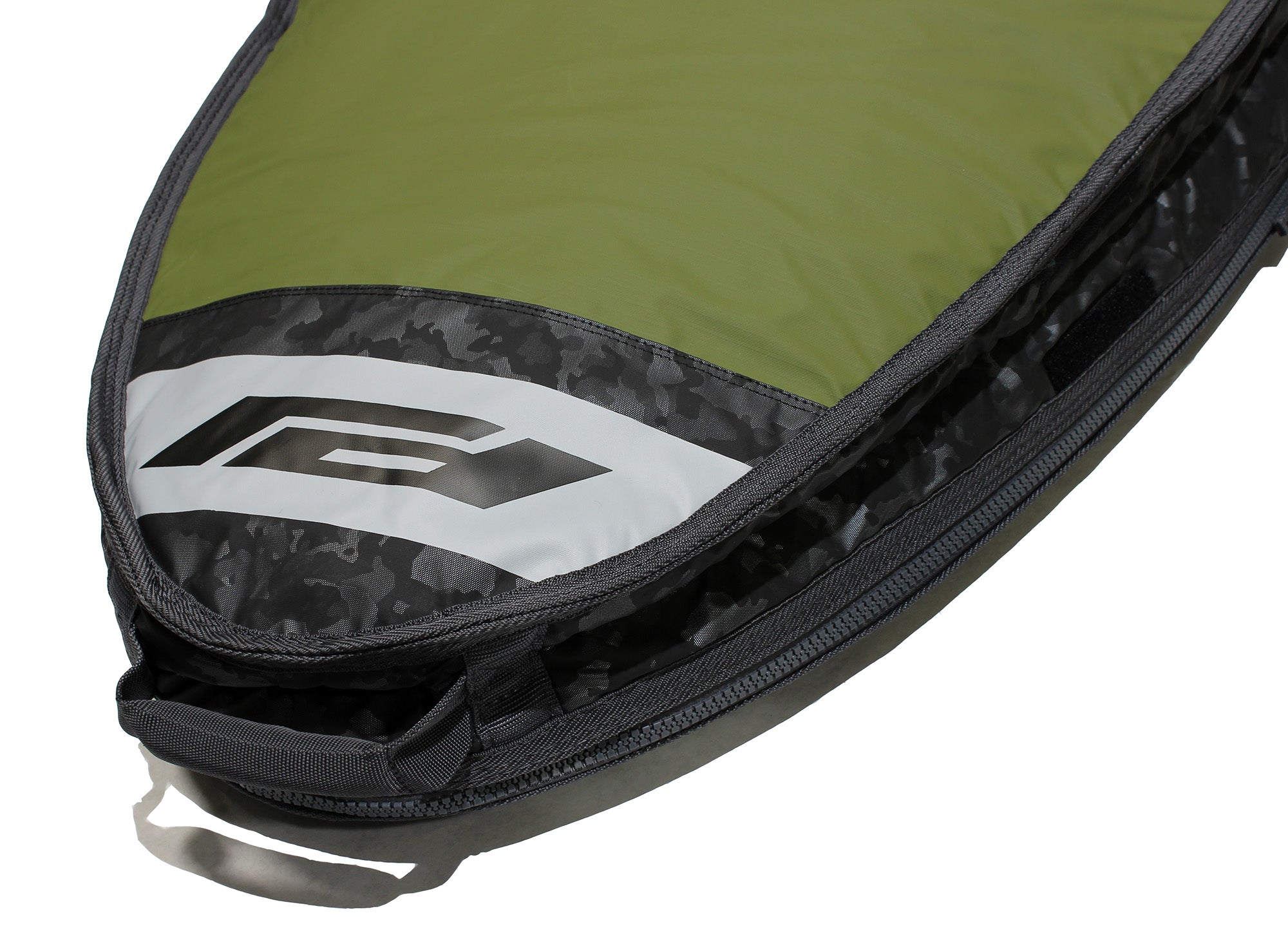 Durable reinforced carry handle on nose of smuggler bag.