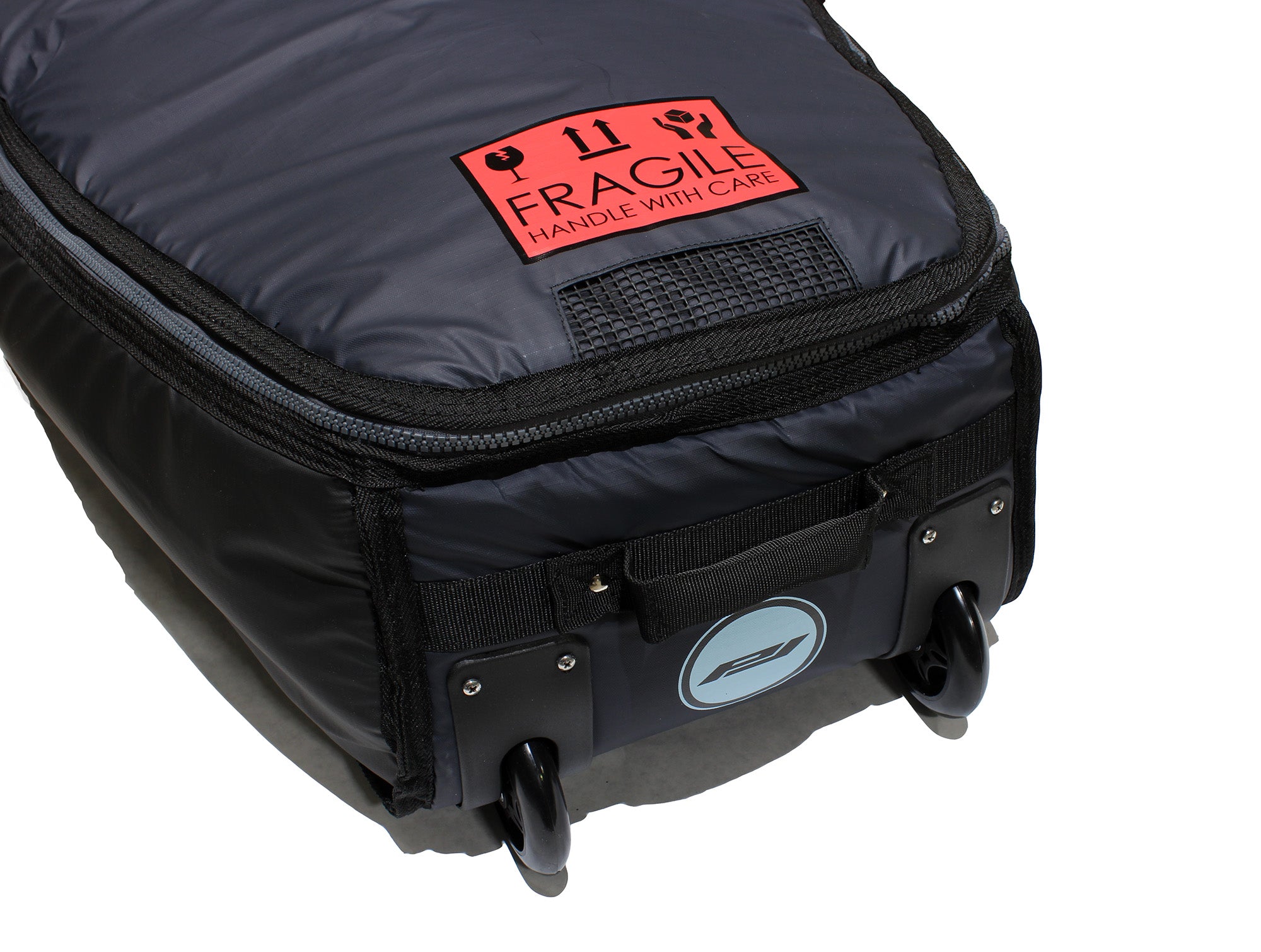 Pro-Lite wheeled coffin surfboard travel bag tail handle and wheel system.