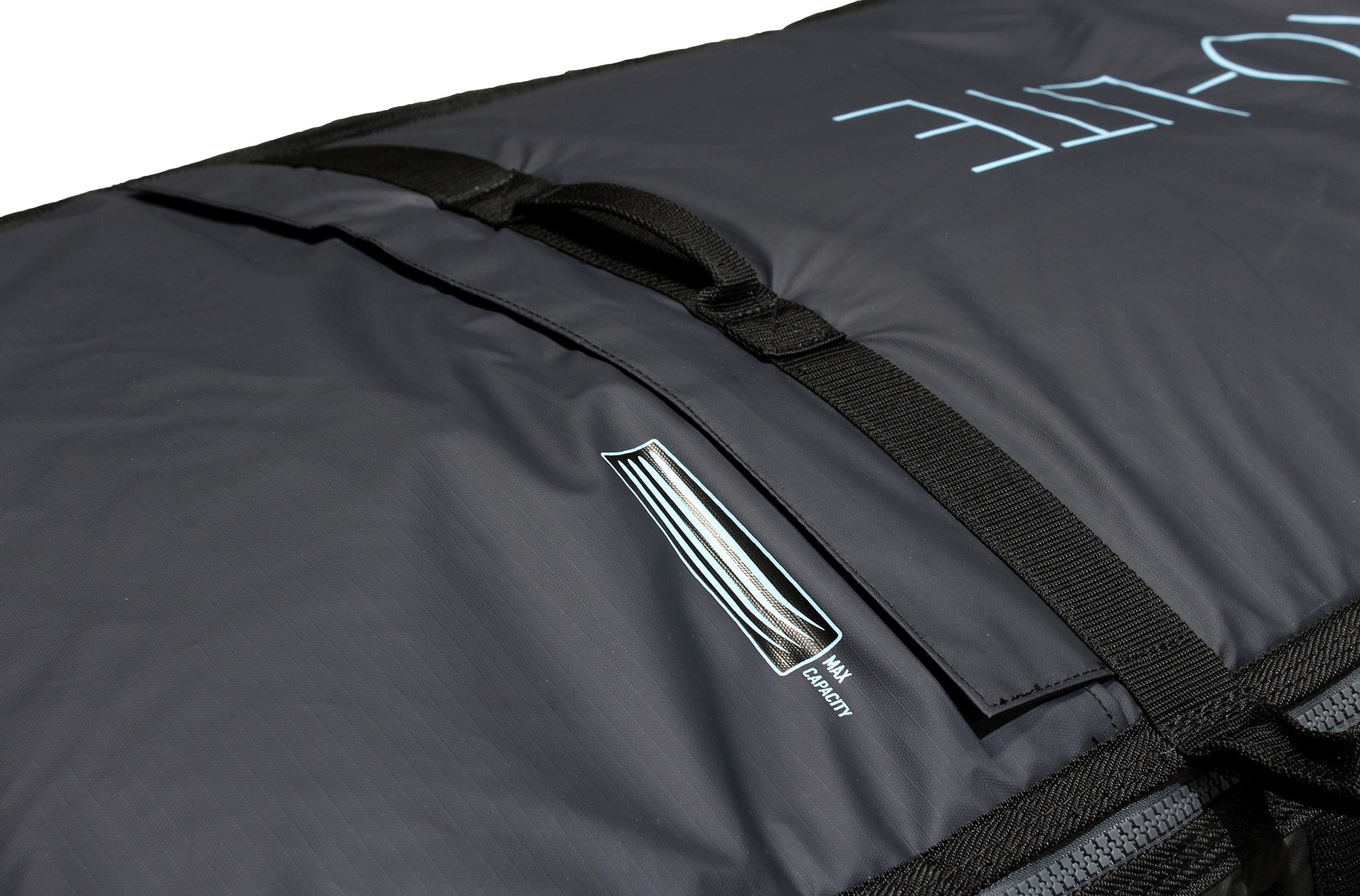Top handles on prolite wheeled coffin surfboard travel bag.