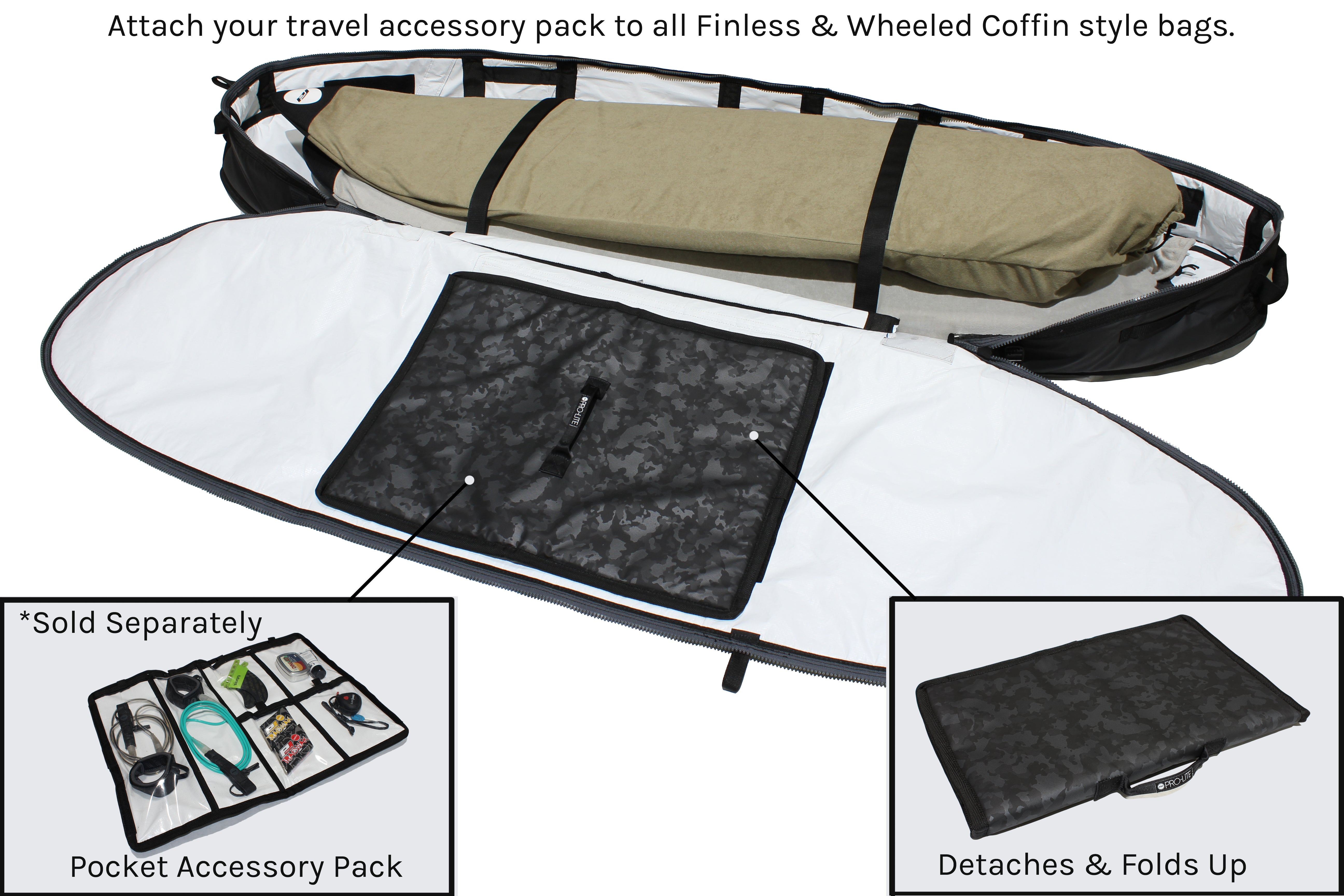 Internal storage and accessory details prolite coffin surf travel bag accessory pack
