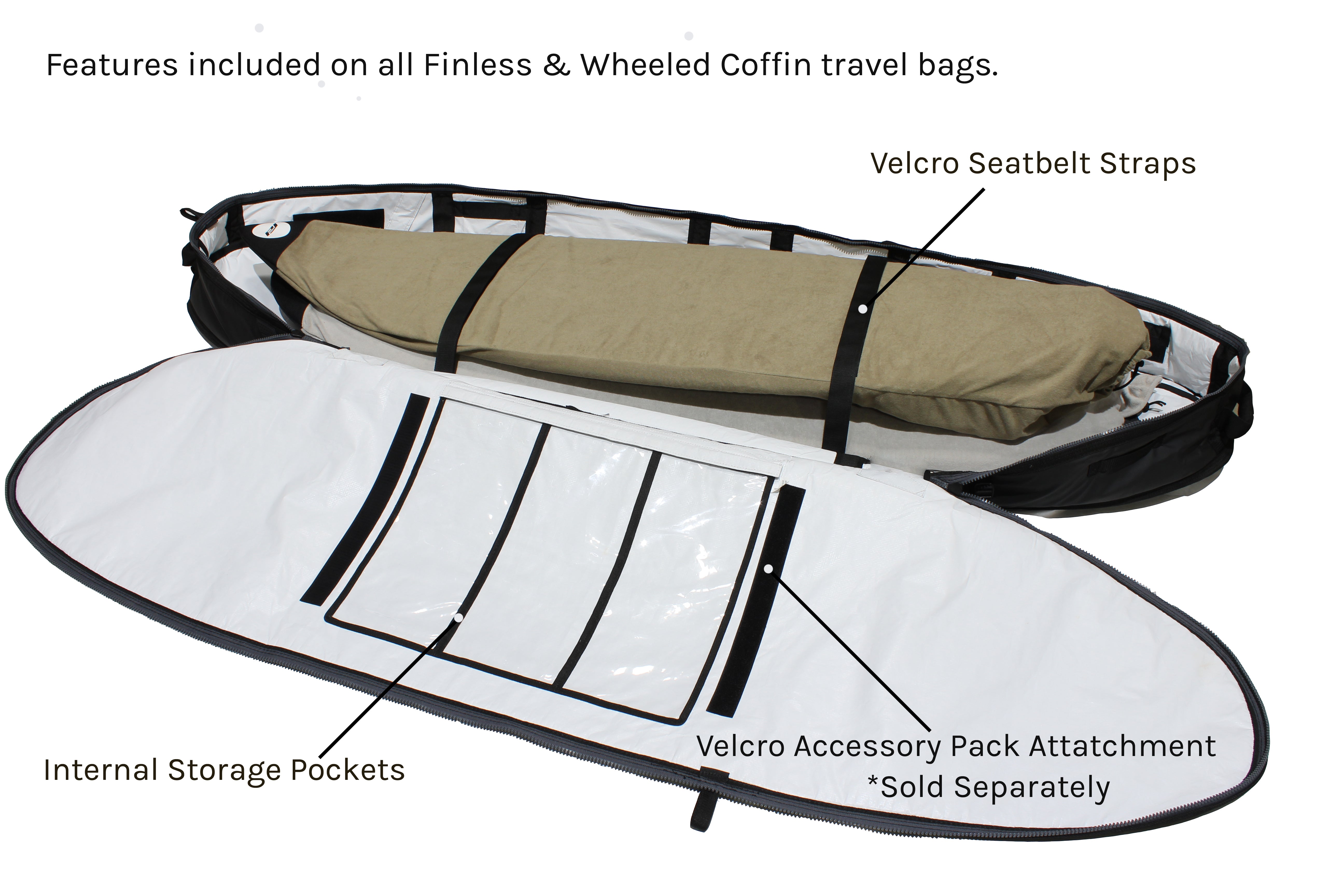 Internal storage and accessory details prolite coffin surf travel bag