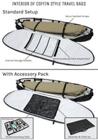 Pro-Lite coffin style travel bag with and without the accessory pack attachment.