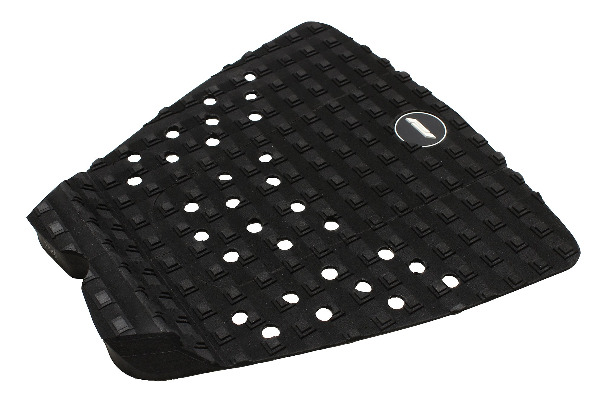 Profile view of the basic 3 piece black surfboard traction pad with squared grip pattern.