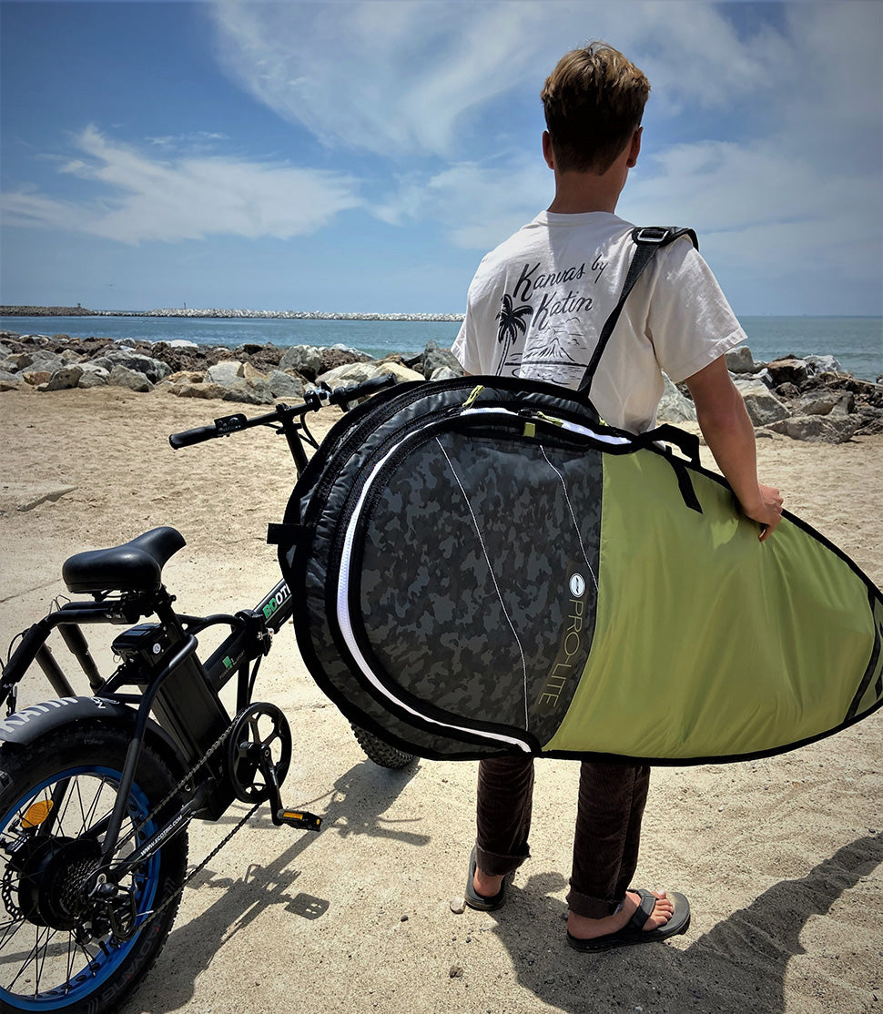 Pro-Lite shortboard surf day bag over shoulder. 