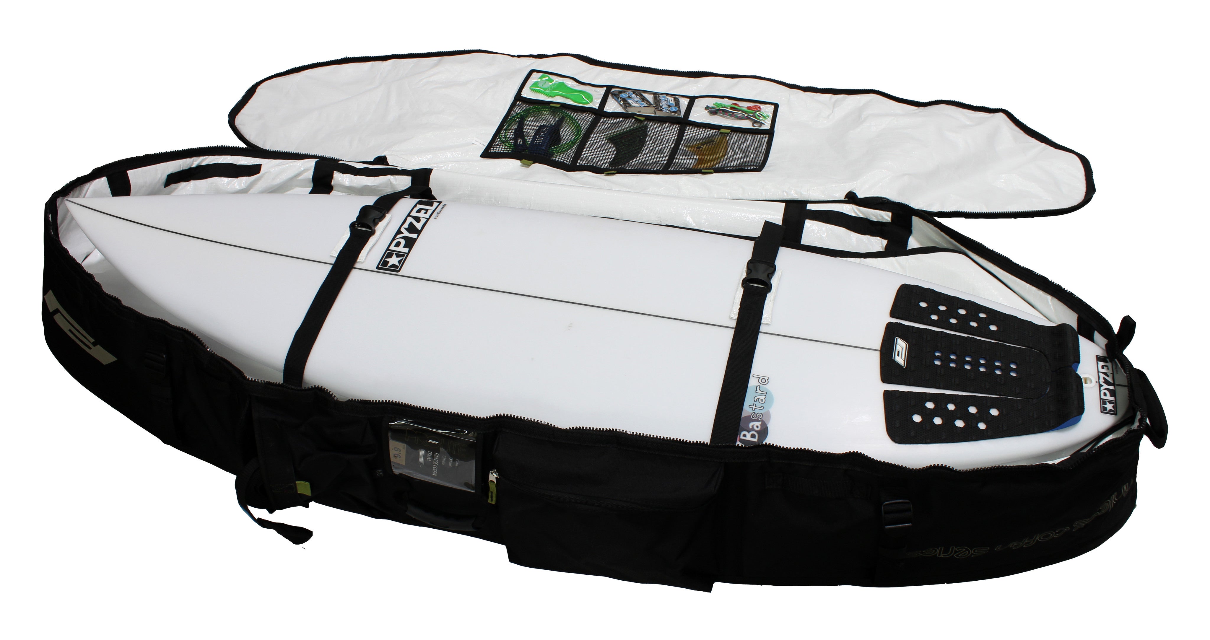 Surfboards secured inside the Pro-Lite finless coffin surf travel bag