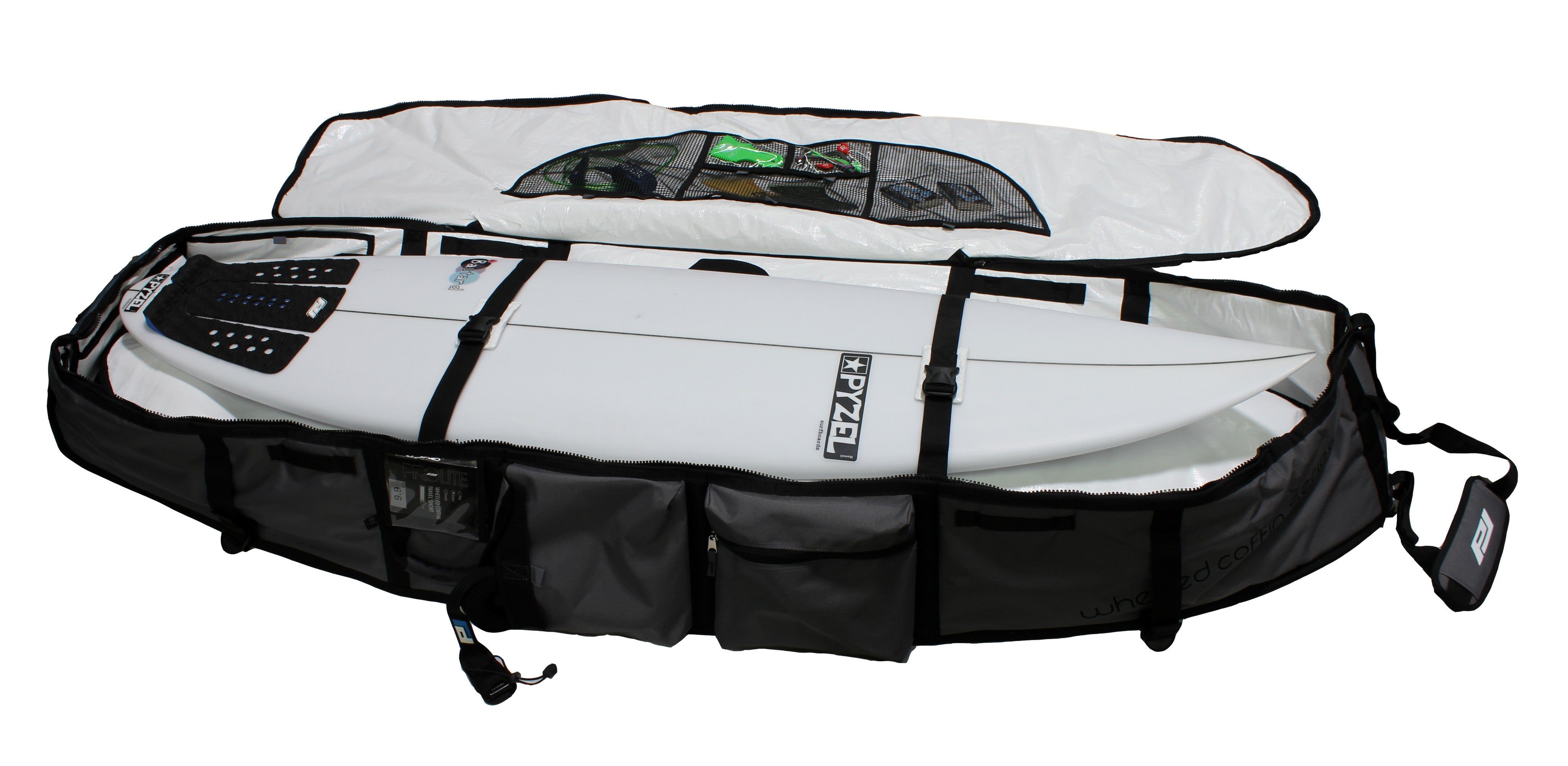 Surfboards secured in the Pro-Lite wheeled coffin travel bag